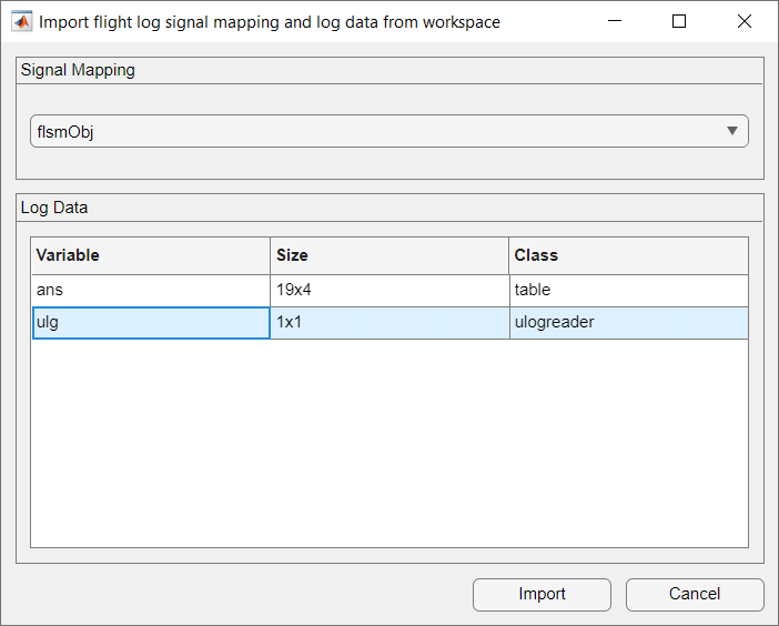 Import dialog box with flsmObj selected as Signal Mapping and ulg selected in Log Data