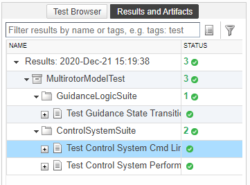 Results and Artifacts menu. All test status has green check mark.