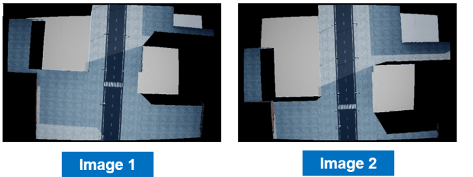 Two aerial orthophotos of buildings and roads shown side by side before feature-based stitching