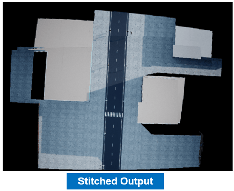 Stitched output combining two aerial images into a single seamless orthomosaic