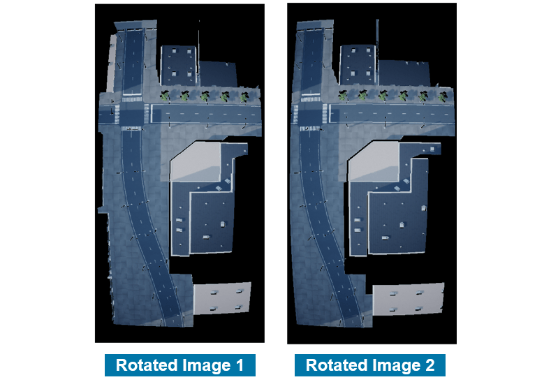 Two aerial images rotated by their corresponding roll angles to match orientation