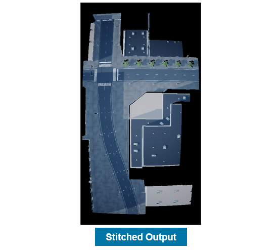 Stitched output combining two location-registered aerial images into a single orthomosaic