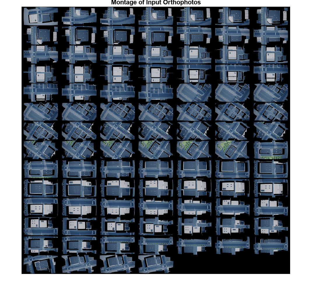 Montage grid of aerial orthophotos captured by a UAV over a city block, shown as dark-toned overhead images of buildings and roads