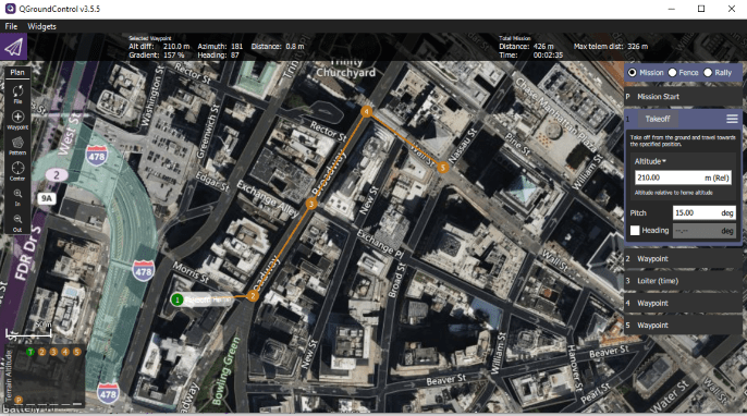 Screenshot of QGroundControl showing mission with 5 wayopints in New York City