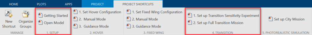 Project shortcuts highlighting the setup and transition sections