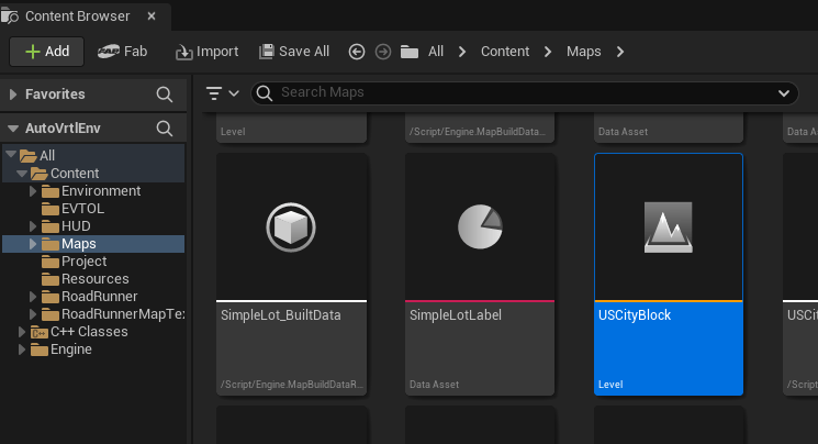USCityBlock map in content drawer of Unreal editor