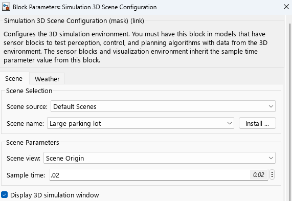 The Scene view parameter in the Simulation 3D Scene Configuration Block Parameters dialogue box