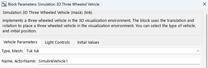 The Vehicle Parameters tab in the 3D Three Wheeled Vehicle Block Parameters dialogue box
