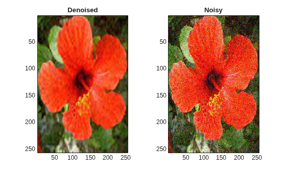 Figure contains 2 axes objects. Axes object 1 with title Denoised contains an object of type image. Axes object 2 with title Noisy contains an object of type image.