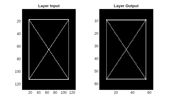 Figure contains 2 axes objects. Axes object 1 with title Layer Input contains an object of type image. Axes object 2 with title Layer Output contains an object of type image.