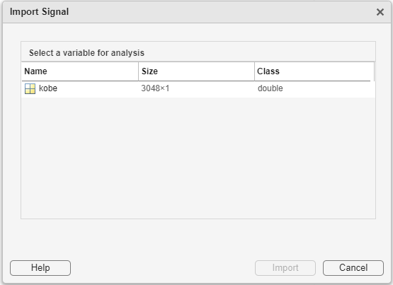 The Import Signal window of the Signal Multiresolution Analyzer app, showing the kobe workspace variable.