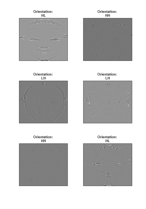 Figure contains 6 axes objects. Axes object 1 with title Orientation: HL contains an object of type image. Axes object 2 with title Orientation: HH contains an object of type image. Axes object 3 with title Orientation: LH contains an object of type image. Axes object 4 with title Orientation: LH contains an object of type image. Axes object 5 with title Orientation: HH contains an object of type image. Axes object 6 with title Orientation: HL contains an object of type image.