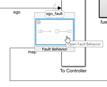 The view of the model block after clicking on the fault badge and pointing to the preview window.