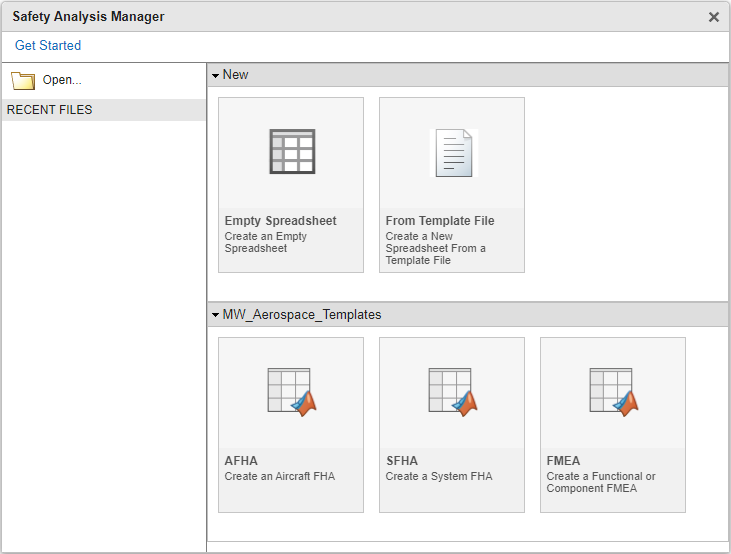 The start menu for the Safety Analysis Manager. You can create a new spreadsheet from here.