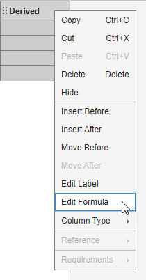 The context menu that displays after clicking the right side of the column label. The cursor points to the Edit Formula option.