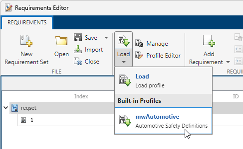 A cursor points to the built-in profile, mwAutomotive, which appears from the expanded Load list.