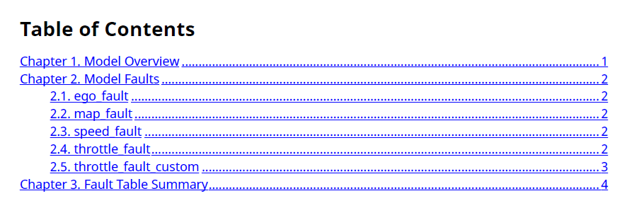 Table of contents of the report for sldemo_fuelsys_fault_analyzer in the example topic. It includes links to the information of each section.