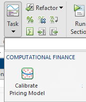 Selecting the Calibrate Pricing Model task from the Live Editor