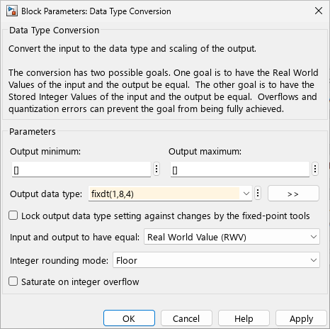 The block parameter view is shown with the output data type specified as a fixdt