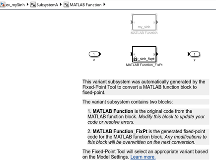 The MATLAB Function block in the ex_mySinh model shows the variant subsystem created by the function replacement.