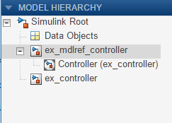 Model Hierarchy pane in the Fixed-Point Tool displaying the model hierarchy for ex_mdlref_controller.