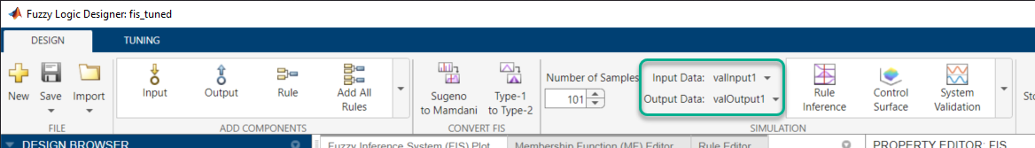 Design tab toolstrip highlighting the Input Data and Output Data drop-down lists in the Simulation section with valInput1 and valOutput1 selected, respectively.