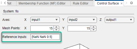 Control Surface document settings showing the Reference Inputs parameter for a three-input system. The first two inputs are selected for the X and Y axes of the plot. The reference values are [NaN NaN 0.5].