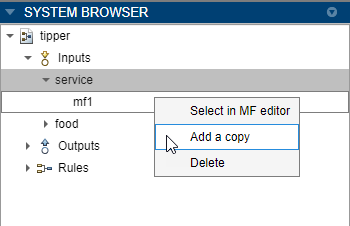 System Browser showing the right-click menu for an MF. The cursor is over the Add a copy menu item.