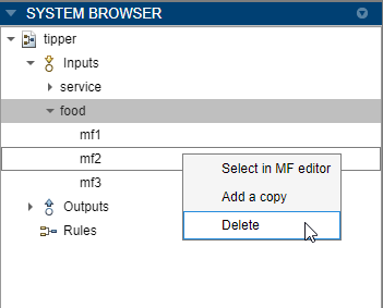 System Browser showing the right-click menu for an MF. The cursor is pointing to the Delete menu item.