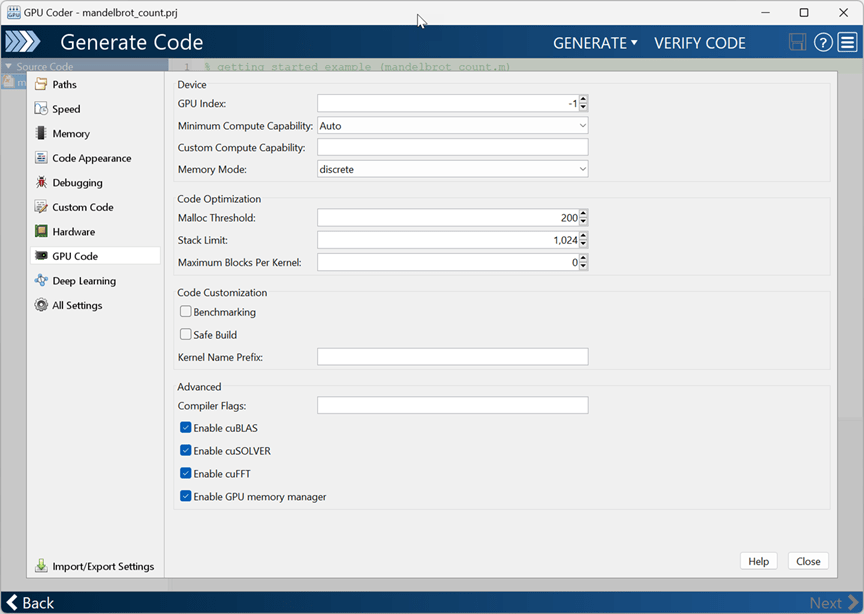 GPU Coder specific settings window of the app