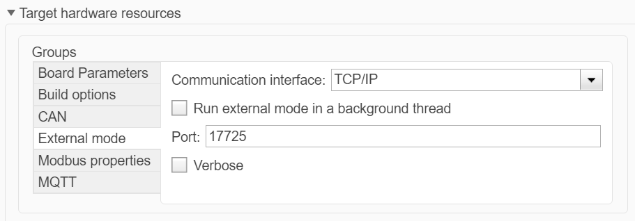 Target hardware resources section configuration parameters