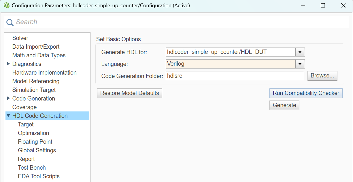 In the Configuration Parameters dialog box, the Verilog language is selected.