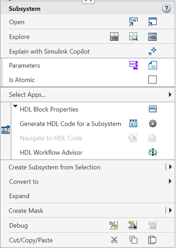 HDL Coder Section in the Simulink Context menu