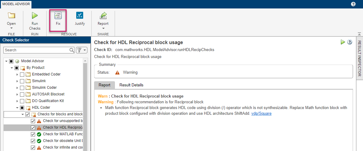 To select the Fix button in the Model Advisor tool strip