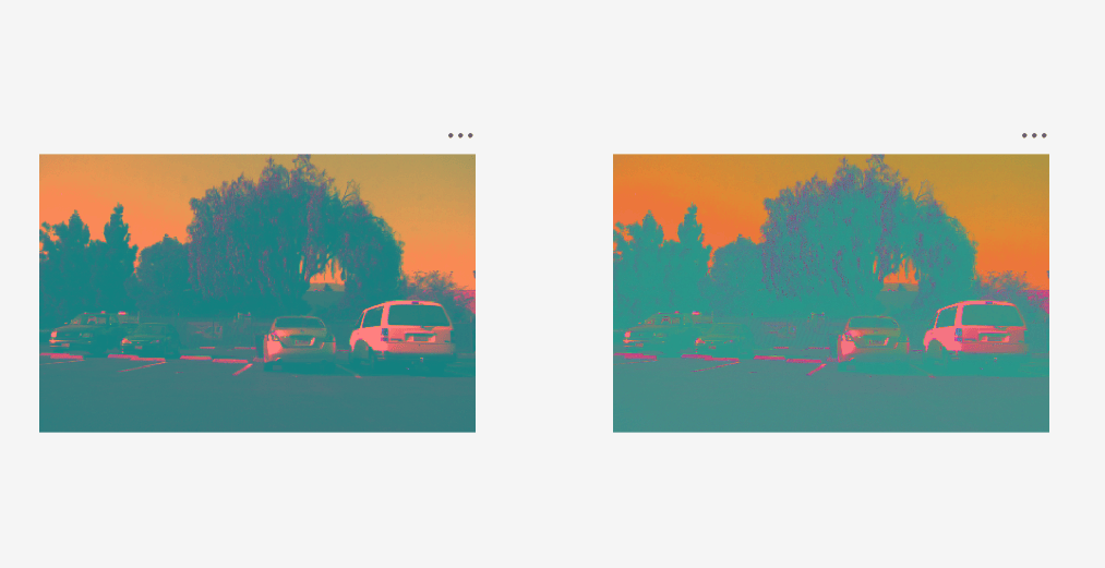 Original RGB image on the left and reconstructed image after YUV conversion on the right, both showing a parking lot scene with trees and cars
