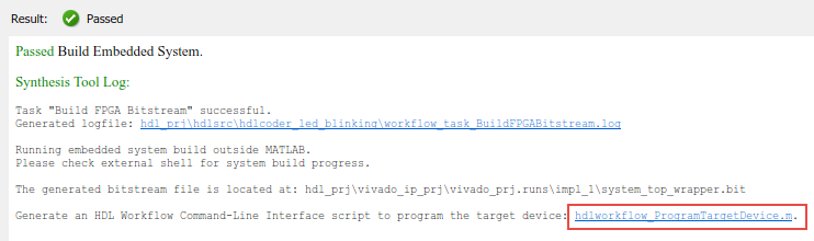 HDL Workflow Advisor Log Window displaying the Synthesis Tool Log after the 'Build FPGA Bitstream' Task is run.