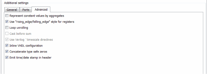 Advanced tab of the Generate HDL tool, with Use "rising_edge/falling_edge" style for registers selected