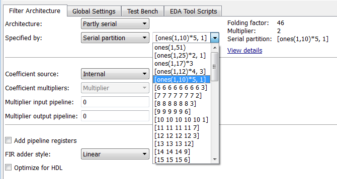 Filter Architecture tab of the Generate HDL tool, showing Serial partition menu options