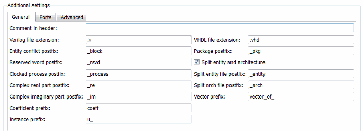 General tab under Global Settings in the Generate HDL tool