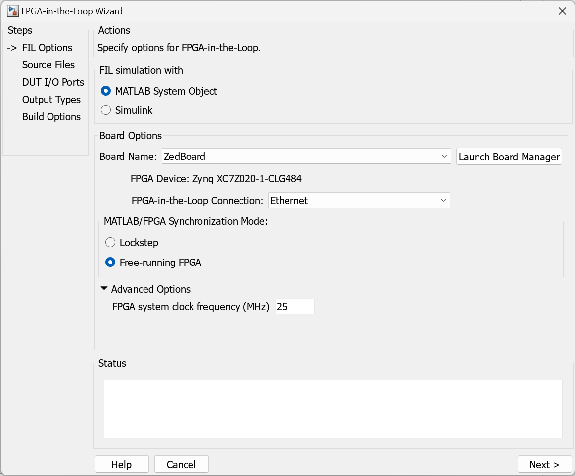 FIL wizard open on the FIL Options screen, with the following settings: MATLAB System Object, ZedBoard, Ethernet, Free running