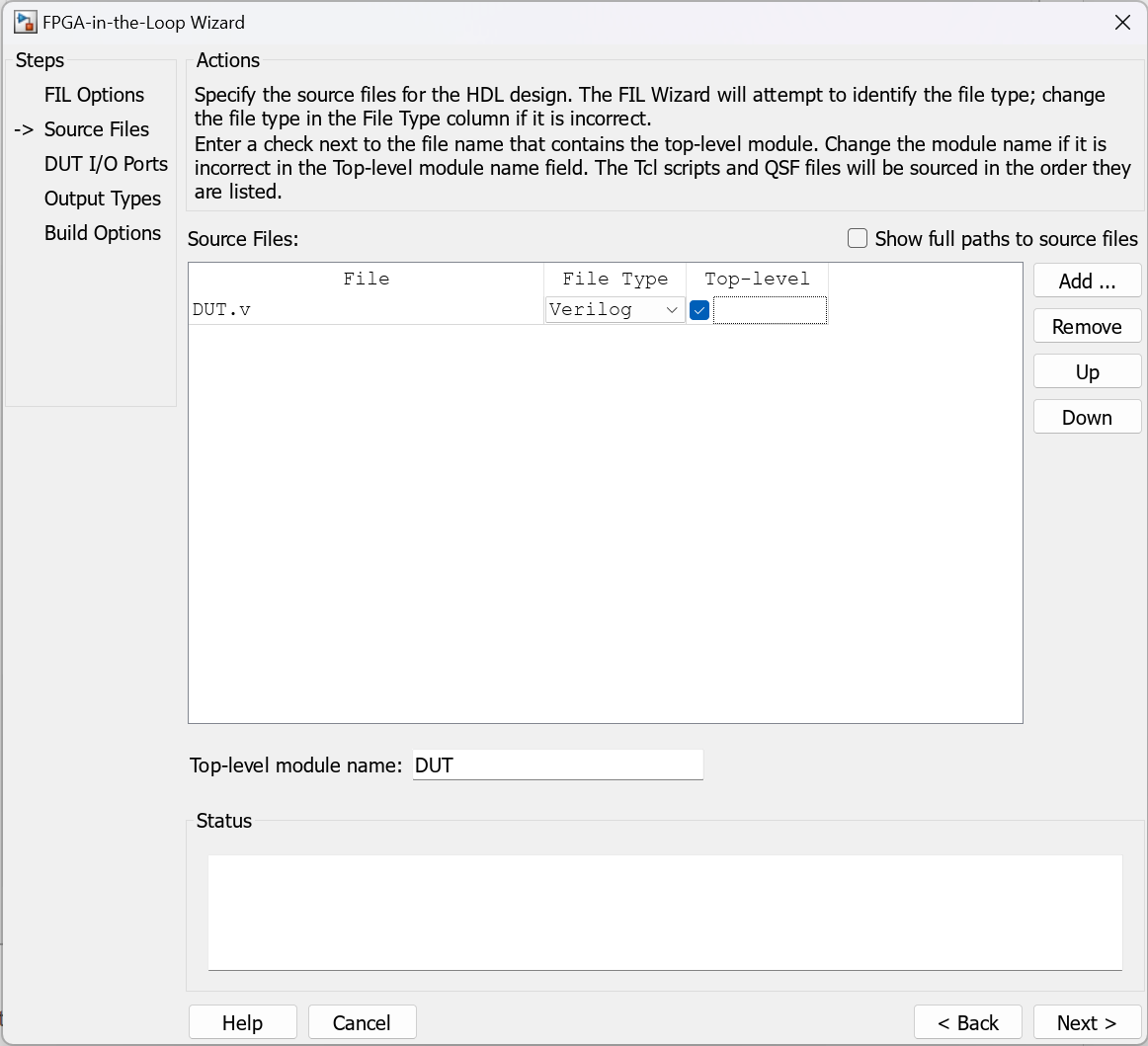 FIL wizard open on the Source Files screen, with DUT.v set as a file, and the top-level box selected.