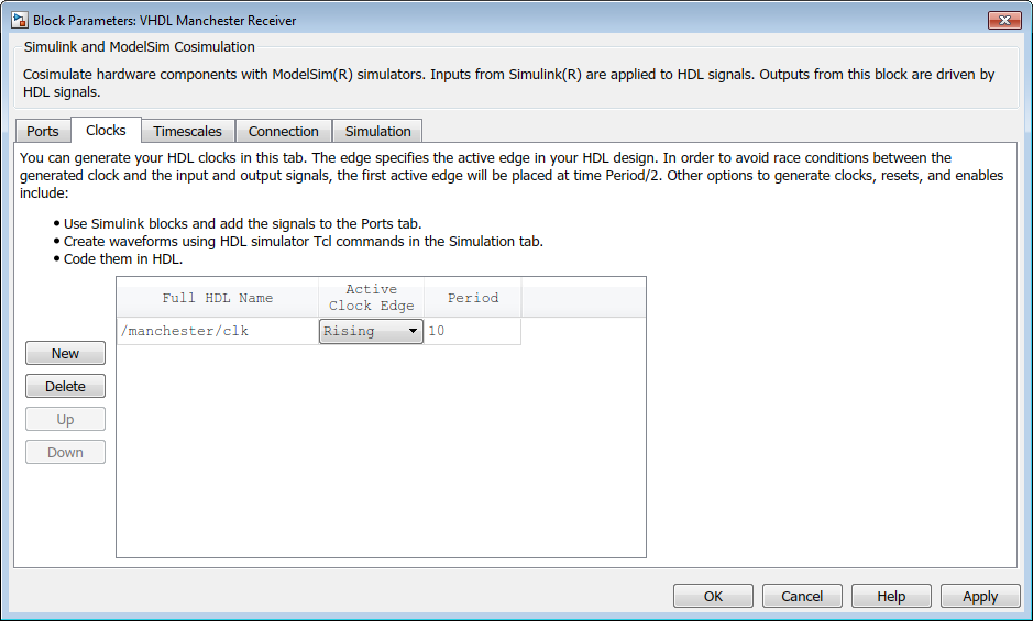 HDL Cosimulation block mask, open on the Clocks tab. The default period for clk is set to 10, and the active clock edge is set to rising.