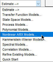 List of model types. Nonlinear ARX Models is selected.