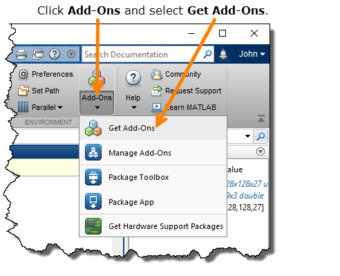 The MATLAB toolstrip showing the Add-Ons drop-down menu, with Get Add-Ons among the menu options.