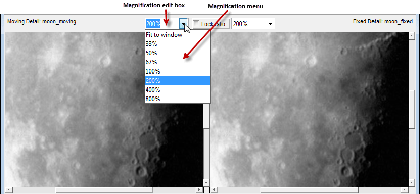 Magnification drop down menu for the moving image, with the magnification value 200% selected.