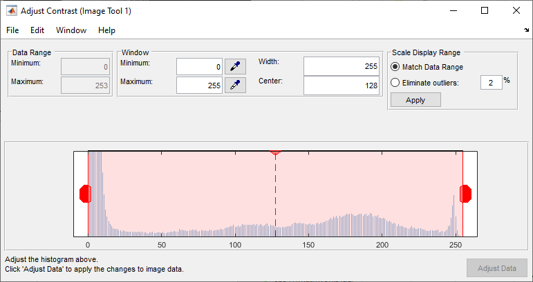 Adjust Contrast tool with sliders and editable fields that enable you to adjust the histogram of pixel values.