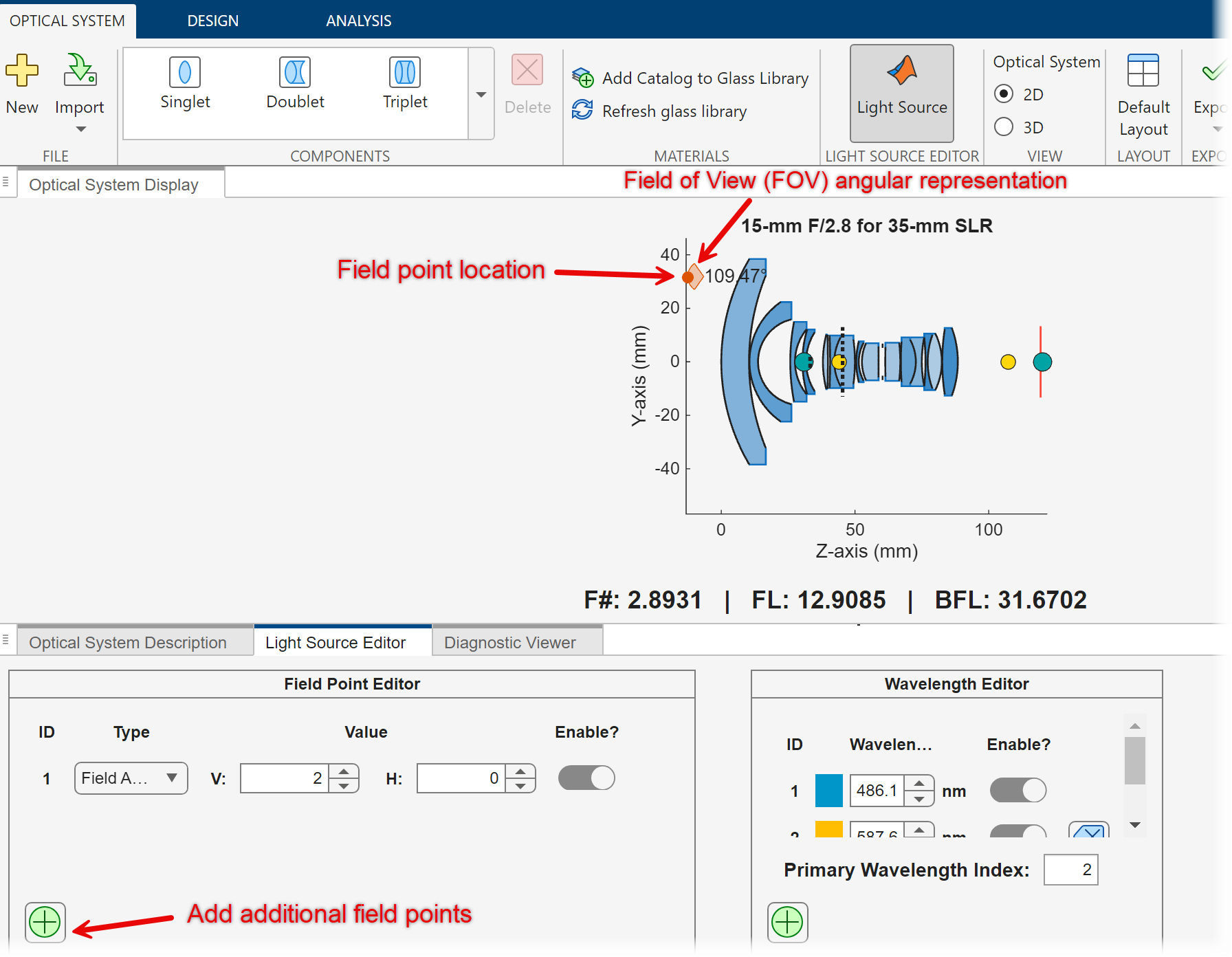 Click the Light Source icon to open the Light Source Editor and define or edit field points.