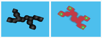 The original image on the left is a chain of adjacent 1-valued voxels with two branches. The processed image on the right highlights the four endpoints in green and other voxels in red.