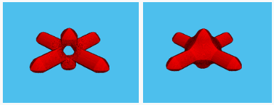 The original image on the left displays a hole, or a 0-valued voxel surrounded by 1-valued voxels on the top, bottom, left, right, front, and back. The processed image on the right fills the hole in the center with the value 1.
