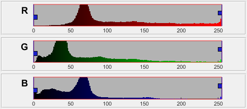 Three histograms of the red, green, and blue pixel intensities